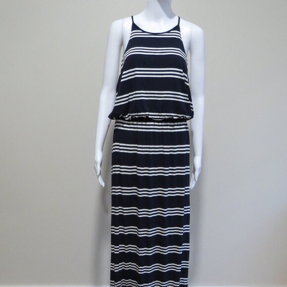 LOFT Striped Maxi Dress SIZE Medium Blue White Stretch Keyhole Button - Picture 3 of 9